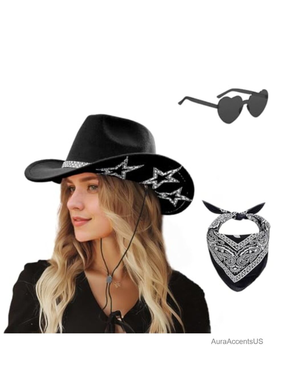 Cowboy Hat Set with Bandana & Heart Sunglasses, Felt, Adjustable, Western